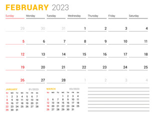 Calendar template for February 2023. Business monthly planner. Stationery design. Week starts on Sunday.