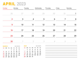 Calendar template for April 2023. Business monthly planner. Stationery design. Week starts on Sunday.