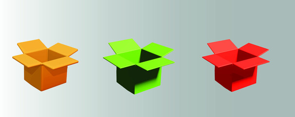 Set from open 3d boxes. Vector graphics. Removed separately. Boxes in red, green and gold.