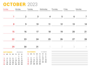 Calendar template for October 2023. Business monthly planner. Stationery design. Week starts on Sunday.