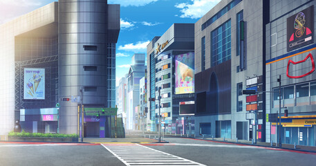 Naklejka premium Shibuya the shopping center Day, 2D Anime background, Illustration. 