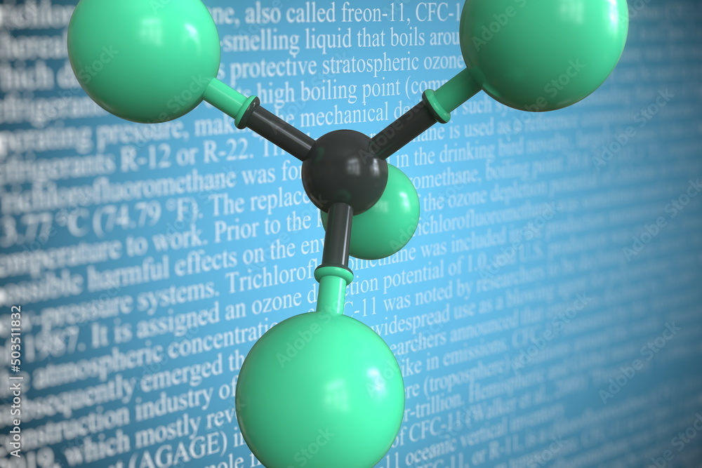 Poster molecular model of trichlorofluoromethane, 3d rendering