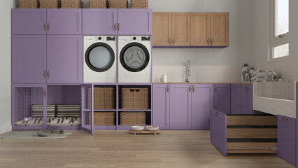 Space devoted to pet, pet friendly laundry room in purple tones with appliances and dog bath shower with wooden ladder inside a drawer. Dog bed with gate. Modern interior design idea