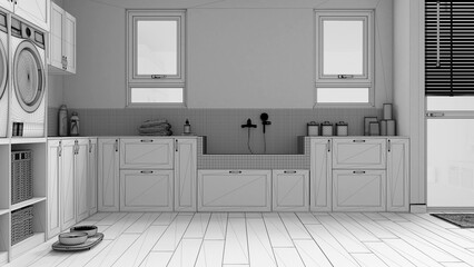 Unfinished project draft, pet friendly laundry room, space devoted to pets, mudroom. Parquet, cabinets and windows, dog bath shower with tiles, accessories, faucet. Interior design