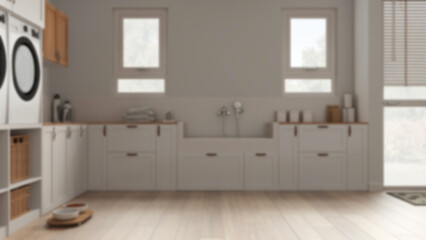 Blur background, pet friendly laundry room, space devoted to pets, mudroom. Parquet, cabinets and...
