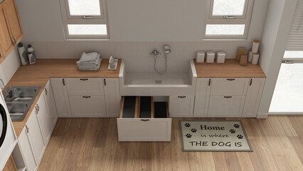 Obraz na płótnie Canvas Pet friendly mudroom, laundry room in white tones with cabinets and dog bath shower with tiles and faucet, wooden ladder inside a drawer. Top view, above. Cozy interior design idea