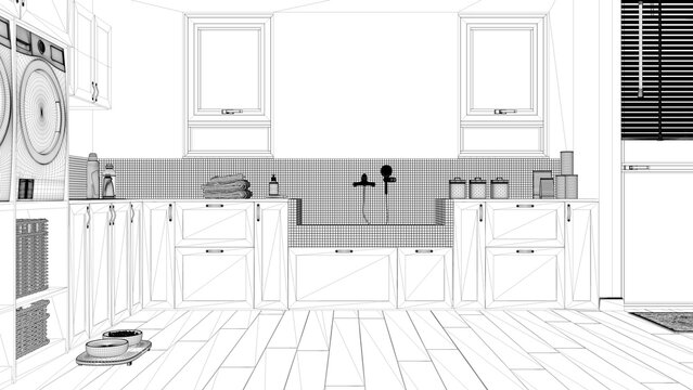 Blueprint project draft, pet friendly laundry room, space devoted to pets, mudroom. Parquet, cabinets and windows, dog bath shower with tiles, accessories and faucet. Interior design