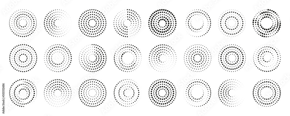 Poster circle dot pattern. halftone round dot pattern. spiral halftone frame. set of abstract ripple patter