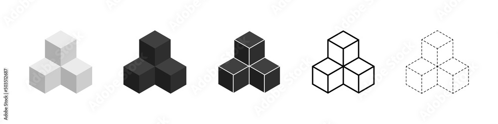 Poster cube icon. 3 cubes. 3d cube. 3d block icons. outline boxes. line isometric cubes. icon for building,