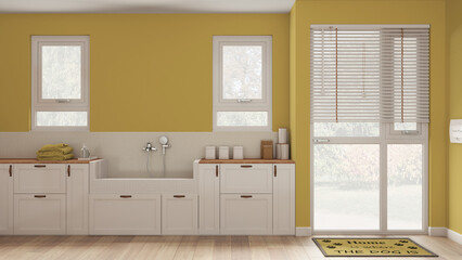 Fototapeta premium Space devoted to pet, modern laundry room in yellow tones with cabinets and dog bath shower with mosaic tiles and faucet. Parquet floor and windows. Cozy mudroom interior design idea