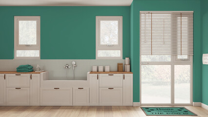 Space devoted to pet, modern laundry room in turquoise tones with cabinets and dog bath shower with mosaic tiles and faucet. Parquet floor and windows. Cozy mudroom interior design