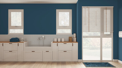 Fototapeta na wymiar Space devoted to pet, modern laundry room in blue tones with cabinets and dog bath shower with mosaic tiles and faucet. Parquet floor and windows. Cozy mudroom interior design concept