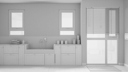 Total white project draft, space devoted to pet, modern laundry room with cabinets and dog bath...
