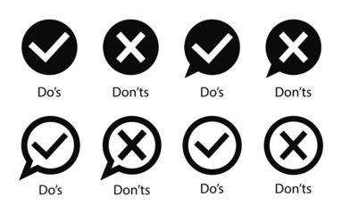 Dos and dont. Tick or cross for do or don. Outline icon of wrong and right. Mark of check and correct isolated. Sign of good or bad. List of icon for approved, reject. Logo of quiz. Vector