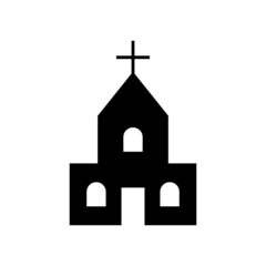 Church. Church icon isolated on white and background. Black chapel icon. Pictogram of christian, catholic and baptism building with cross. Chapel with steeple and cross. Vector