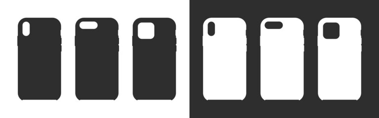 Phone silicone case. Smartphone cover. Mockup of silicone Phone case. Mock up of cellphone hard covers. Different black and white mockups isolated on white background. Vector
