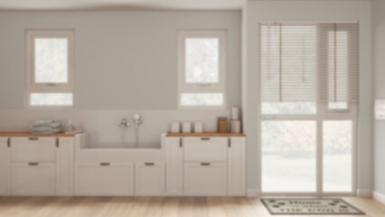 Fototapeta na wymiar Blur background, space devoted to pet, modern laundry room with cabinets and dog bath shower with mosaic tiles and faucet. Parquet floor and windows. Mudroom interior design concept