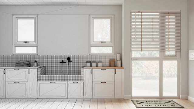 Architect interior designer concept: hand-drawn draft unfinished project that becomes real, space devoted to pet, laundry room with dog bath shower. Parquet floor and windows. Mudroom