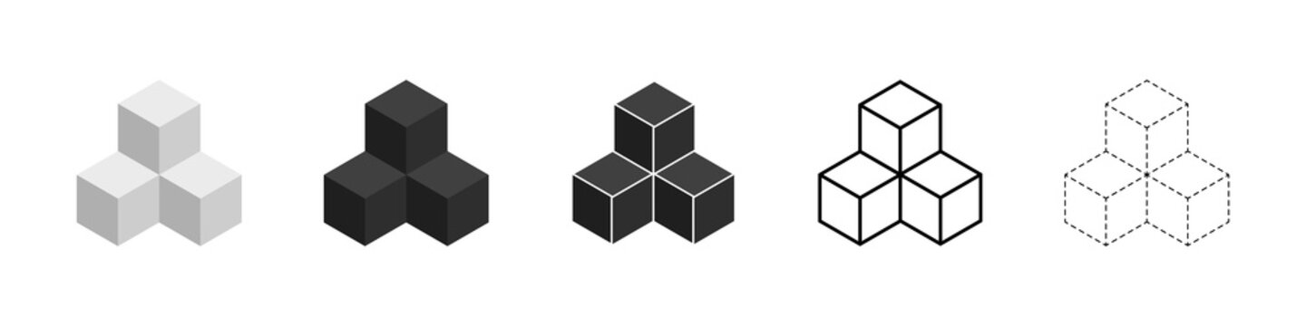 Cube icon. 3 cubes. 3d cube. 3d block icons. Outline boxes. Line isometric cubes. Icon for building, delivery and logo. Set of package. Vector