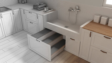 Architect interior designer concept: hand-drawn draft unfinished project that becomes real, pet friendly laundry room, close up, mudroom, dog bath shower and ladder. Top view, above