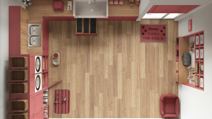 Pet friendly modern red and wooden laundry room, mudroom with cabinets and equipment. Dog shower bath with ladder, dog bed and carpet. Top view, plan, above. Interior design