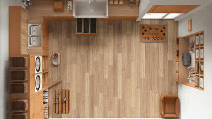 Pet friendly modern orange and wooden laundry room, mudroom with cabinets and equipment. Dog shower bath with ladder, dog bed and carpet. Top view, plan, above. Interior design