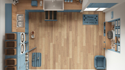 Pet friendly modern blue and wooden laundry room, mudroom with cabinets and equipment. Dog shower bath with ladder, dog bed and carpet. Top view, plan, above. Interior design