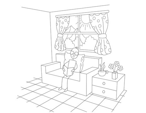 stick figure man or dad relaxed sitting on the couch and reading a book, funny 3d drawing of a room with a window