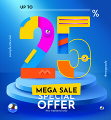 25 percent Off. Discount creative composition. Sale symbol with decorative objects and podium. Sale banner and poster. 