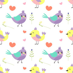 Cute colorful birds on a dotted background seamless texture EPS