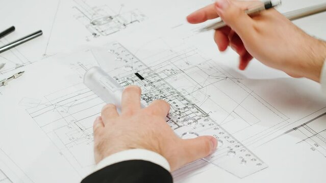 Architect man drawing plan blueprint close-up. Professional designer engineer working, interior creator making architectural house project, drafting building.