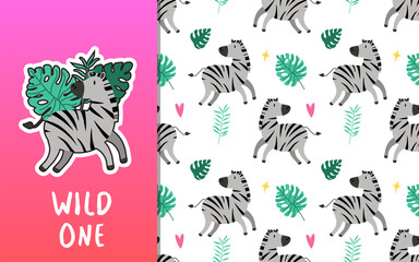 Cute baby zebra jungle animal character among leaves. Kids card template and seamless background pattern set. Hand drawn cartoon surface design illustration. EPS