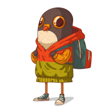 A Schoolboy, isolated vector illustration. Cute anthropomorphic pigeon wearing a casual outfit and a backpack. Humanized student bird with a school bag. A pupil. An animal character with a human body.