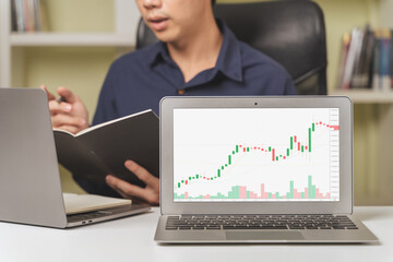 Teacher teach about trading, money investing on stock market, Bitcoin Cryptocurrency on online platform. Investor, trader, businessman learning on computer laptop with stock or Crypto price chart.