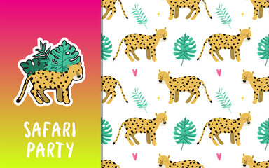Leopard cute jungle animal character. Kids card template and seamless background pattern set. Hand drawn cartoon surface design illustration. EPS