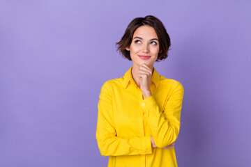 Photo of thinking young lady hand face look up wear formal cloth isolated on purple color background