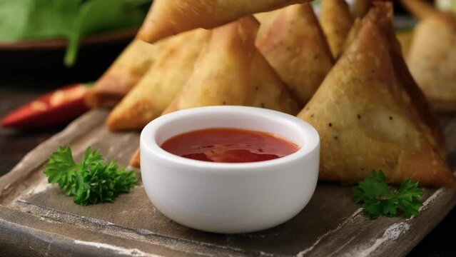 Fried samosas with vegetable filling, popular Indian snacks. dipping in sauce