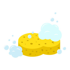 Yellow cleaning sponge with soap bubbles for washing and bathing. Vector illustration. 