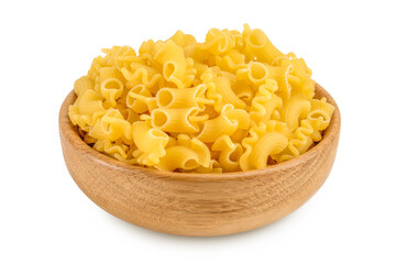 Pasta cornetti creste macaroni in wooden bowl isolated on white background with clipping path and full depth of field