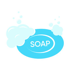 Blue solid soap bar with bubbles flat vector icon. 