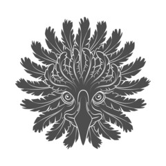 Abstract black and white illustration with eagle head and feathers. Isolated vector object on white background.