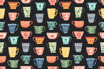 Watercolor and gouache cups and mugs seamless pattern.  Cute, painted design elements. Perfect for wallpaper, gift wrap, textiles, surface design and backgrounds 