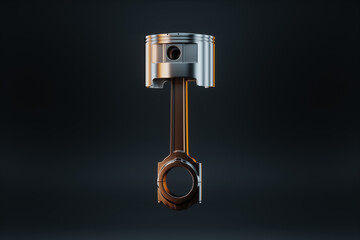 Piston and connecting rod of an internal combustion engine on a black background. Concept car, repair, engine. 3d rendering, 3D illustration.