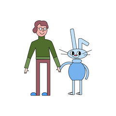 Boy in a green sweater and a blue bunny on a white background. Animal and human illustration for a children's book.