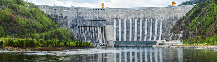 800 fts arched gravity reinforced concrete dam of hydroelectric power plant. High resolution photo,...