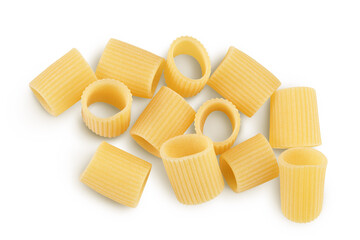 raw italian pasta isolated on white background with clipping path . Mezze Maniche Rigate Bronze die. Top view. Flat lay