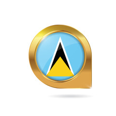 Flag of Saint Lucia, location map pin, pointer flag, button with the reflection of light and shadow, gold frame, Icon country. Realistic vector illustration on white background.