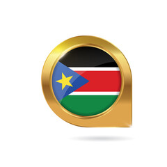 Flag of South Sudan, location map pin, pointer flag, button with the reflection of light and shadow, gold frame, Icon country. Realistic vector illustration on white background.