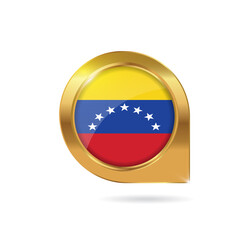 Flag of Venezuela, location map pin, pointer flag, button with the reflection of light and shadow, gold frame, Icon country. Realistic vector illustration on white background.