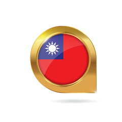 Flag of Taiwan, location map pin, pointer flag, button with the reflection of light and shadow, gold frame, Icon country. Realistic vector illustration on white background.